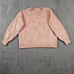 LOFT Pink Gold Metallic Paisley Crewneck Sweater Large Romantic‎ Shimmer